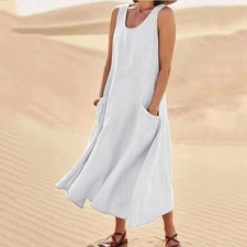 Ladies Sleeveless Beach Holiday Pocket Dresses Summer Loose Tank Dress Plus Size