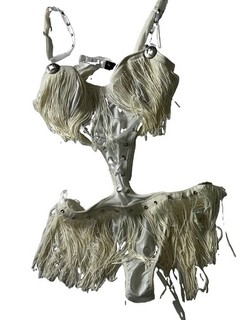 Victoria's Secret White Overbust Bustier Lace Up Fringe Studded S Fringe Sparkle