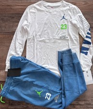 NWT Nike Air Jordan Boys YMD Blue/White/Green/Gray L/S Jogger Pants Set Medium