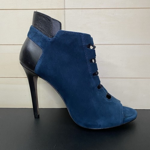 Pour La Victoire Heeled Booties Women's Size 8 Shoes Blue Black Leather Suede - Picture 1 of 10