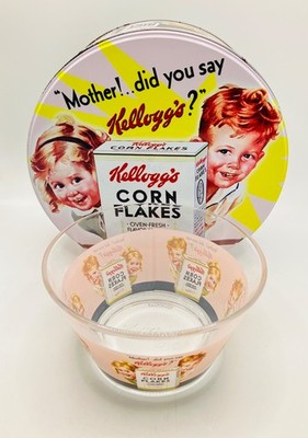 Seltene Kellogg's Corn Flakes große runde Dose & passende Glasschale - sehr guter Zustand