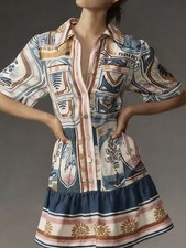 NWOT Farm Rio Linen Cerrado Stamps Short Sleeve Mini Dress Size XS Pocket