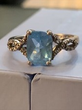 DESIGNER 925 STERLING SILVER SWISS BLUE TOPAZ DIAMOND ACCENT EMERALD CUT RING