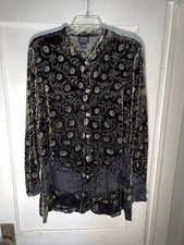 Citron Santa Monica Velvet Burnout Peacock Button Tunic Top Size XL  d599