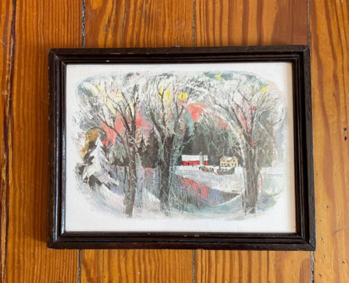 Idyllic Winter Wonderland Sled Ride Barn River Front Signed Watercolor Framed - Picture 1 of 9
