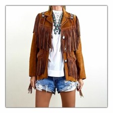 Women Western Cowgirl Suede Jacket Leather Fringe Beads Bone Style