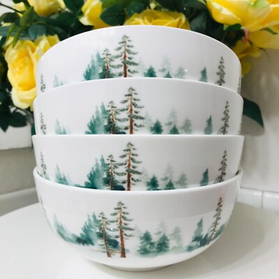 Mikasa Bone China WATERCOLOR FOREST Christmas 4 Bowl Set Cereal Soup Salad, Rare