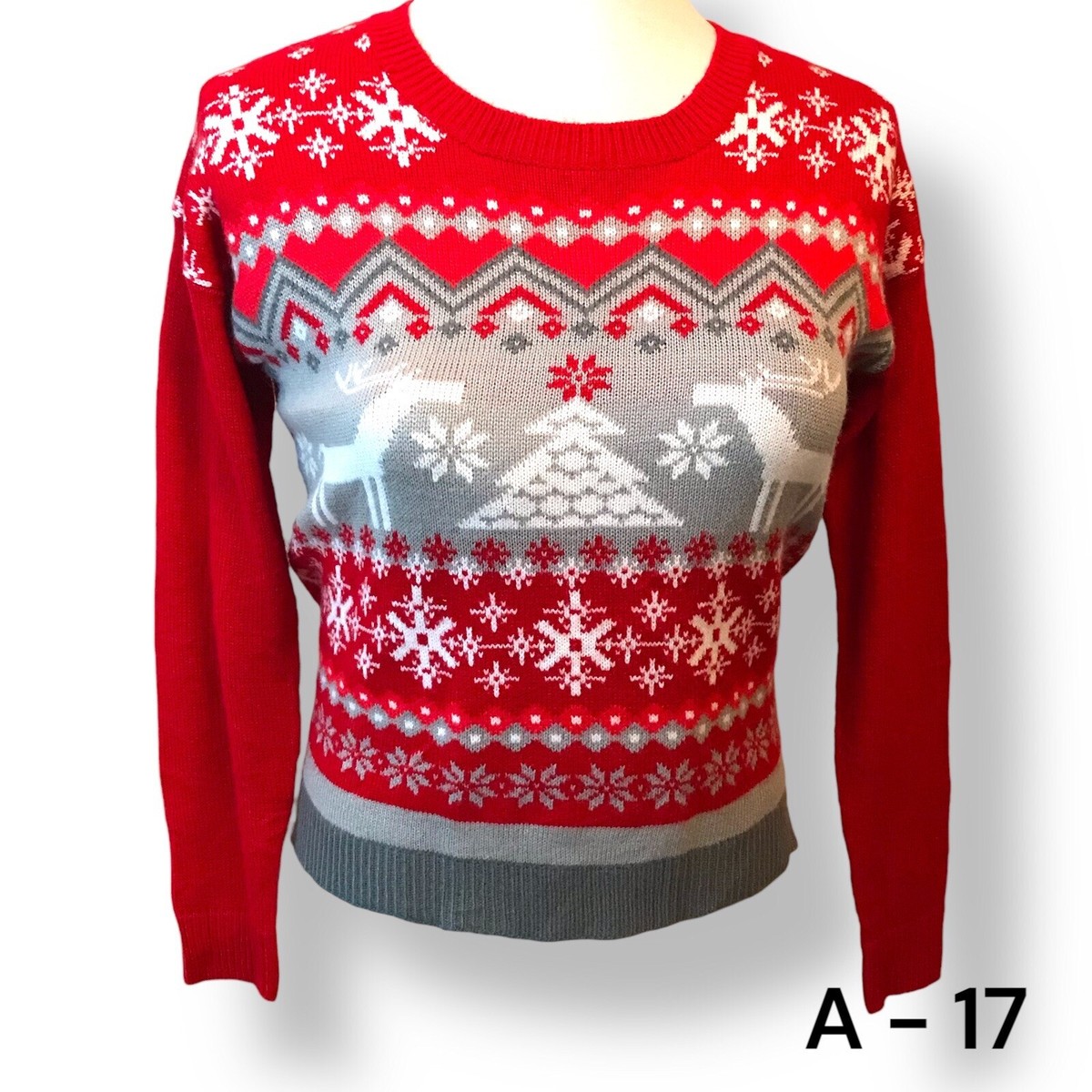 NOBO No Boundaries Jrs Red Reindeer Long Sleeve Ugly Christmas