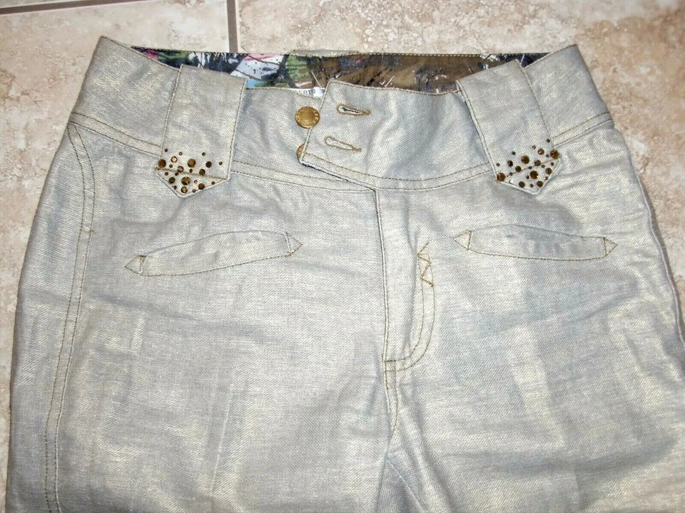 ALBERTO MAKALI~SHIMMERY GOLD~BEADS~BOTTOM SIDES ZIPPER Pants/Capri size 4~CUTE~ Foto 3 de 4