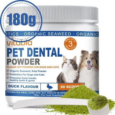 VITABIA Plaque Off Powder for Dogs & Cats 180g - Bad Breath, Tartar, Teeth Cleaning