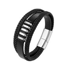 Bracelet Leather Black Silver Men Wrap Genuine Leather 19 cm B423