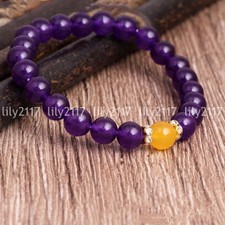 Natural 8-12mm Purple Jade Yellow Jade Spacer Beads Gems Elastic Bracelet 7.5''