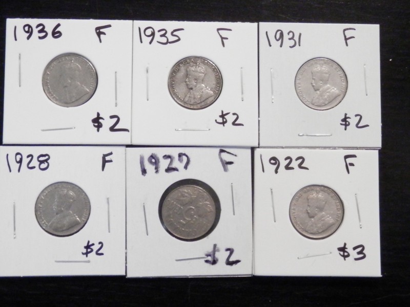 Nice Starter Set of 6 F Nickels From Canada 1922,1927,1928,1931,1935,1936