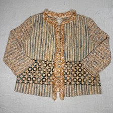 Chicos Textured Fringe Open Front Jacket Womens Size 2 Orange Multi Color