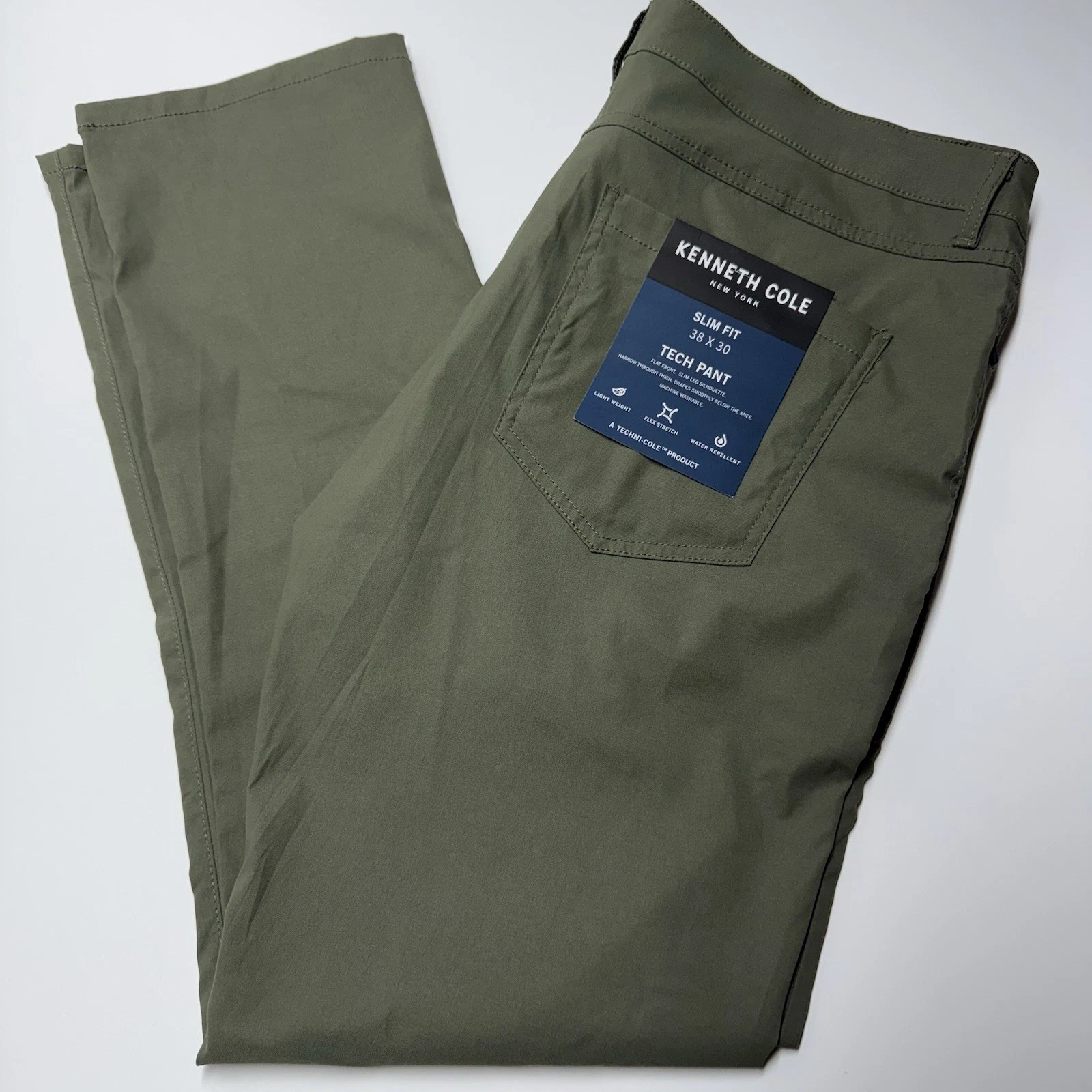 Kenneth Cole Tech Pants Mens 4way Stretch Slim Fit Fatigue Green Sz 38x30 NWT