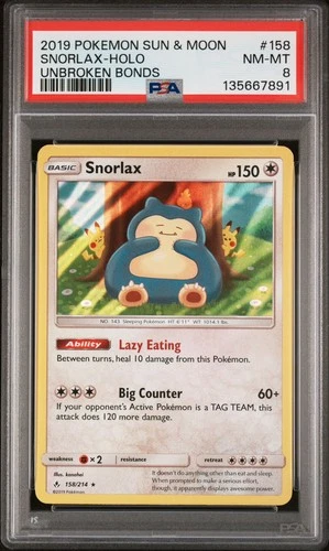 2019 POKEMON SUN & MOON UNBROKEN BONDS #158 SNORLAX-HOLO PSA 8