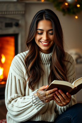 Gorgeous Single Brazilian Woman Cozy Cream Cable Knit Sweater 4X6 Fantasy Photo