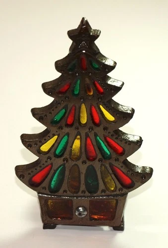 Vtg Xmas Commodore TIFFANY STYLE CANDLE HOLDER Stained Glass TREE Cast Iron