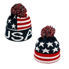 USA Knitted Winter Hats Kids Bobble Flag Stars Stripes Pom-Pom Beanies