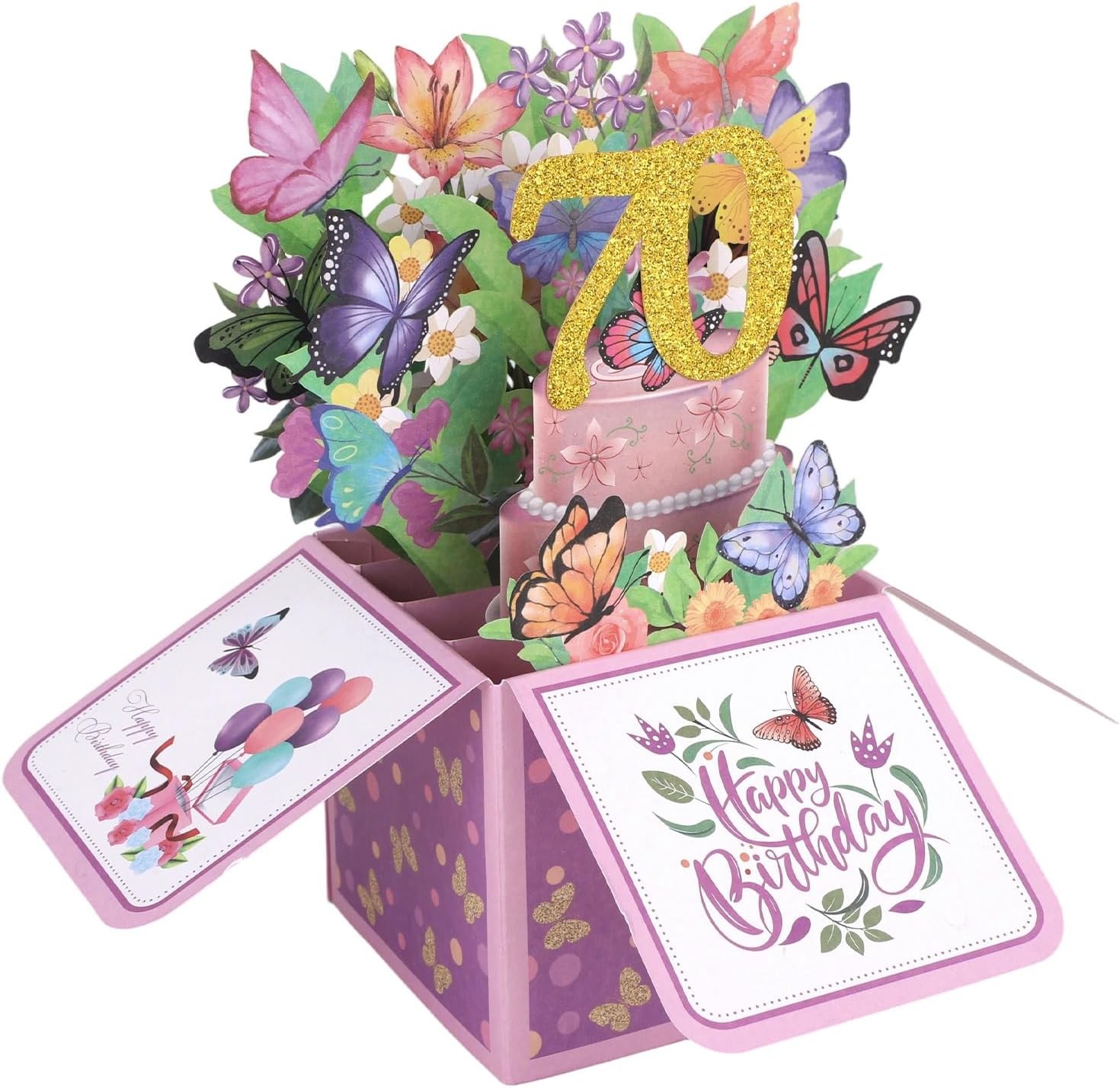 70th Happy Birthday Pop Up Card, Flower & Butterfly Happy Birthday 3D Greeting