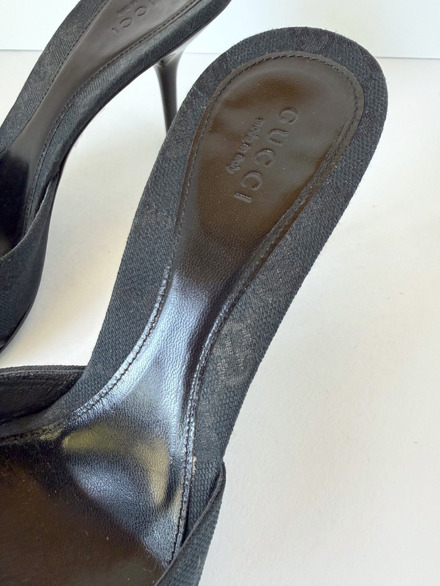 Gucci Black Canvas Monogram Mules Kitten Heels w/ Gold Horse-bit