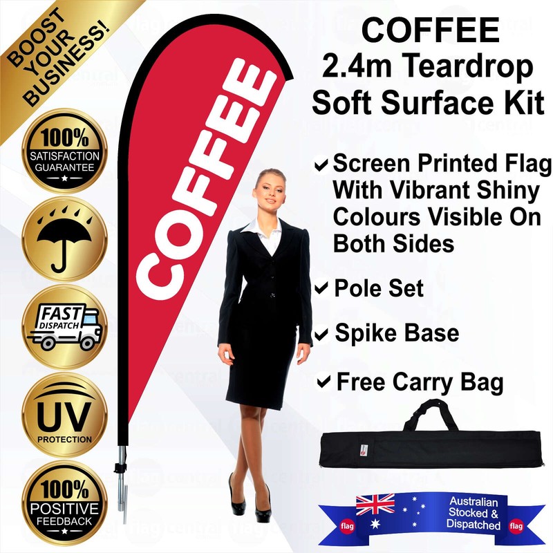 K - COFFEE Red 2.4m Teardrop Flag / Banner Kit with Pole Set, Galvanised Steel Ground Spike and a Free Carry Bag - 1