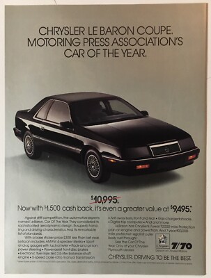 Chrysler Le Baron Coupe 1988 Vintage Print Ad 8x11 Inches Wall Decor