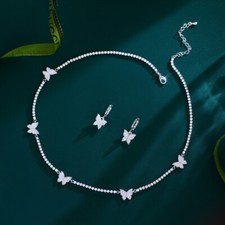 Shiny Silver Plated CZ Butterfly Chain Link Wedding Necklace Earring Jewelry Set