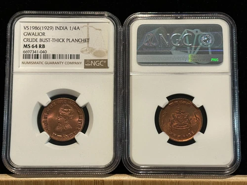 INDIA Gwalior 1/4 Anna 1929, Crude Bust, NGC MS 64 RB Ch. UNC Uncirculated. 3J