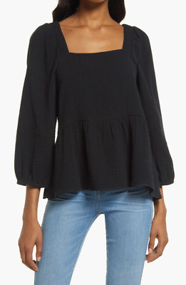 Madewell Millbrook Puff Sleeve Black Cotton Peplum Top L131316 Size XXS
