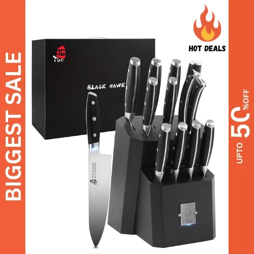 TUO 12-Pc Kitchen Knife Set German Steel with Block, Pakkawood Handle Black