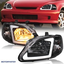 Clear Headlights Wled Drl Tubes For 1999-2000 Honda Civic Ek Ej Front Lamps