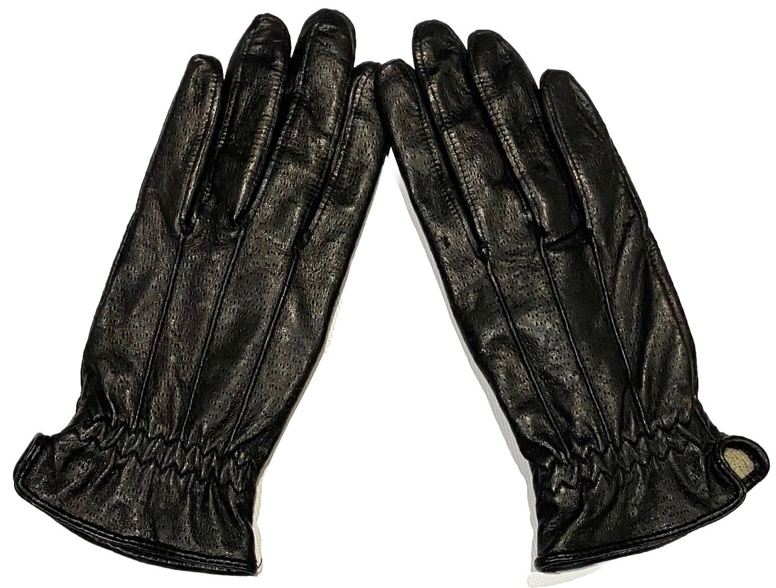 Vintage Womens Black Genuine Leather Driving Gloves Perforated 9” Acrylic Lined
