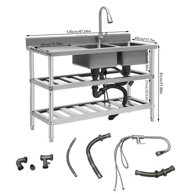 3 Tier Commercial Restaurant Sink Stainless Steel kitchen Sink W/Faucet 2 Sinks