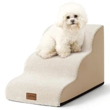 Dog Stairs for Small Pets 15.7 Inches - 3 Step Foam Ramp for Sofa & Bed