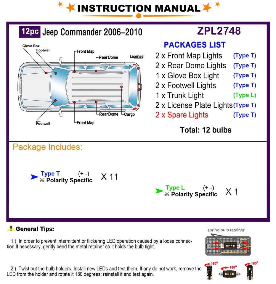 Комплект из 12 светодиодных ламп для салона Jeep Commander 2006-2010 белые купольные лампы - Изображение 2 из 4