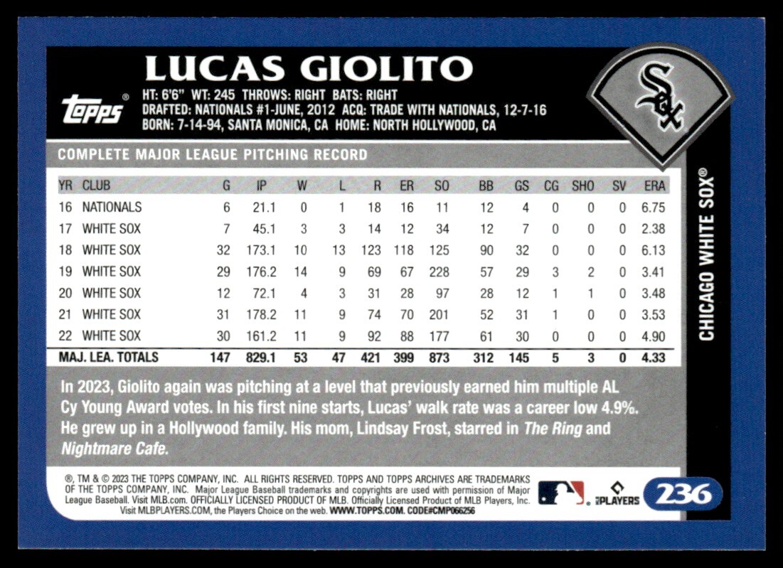 2023+Topps+Archives+-+2003+Topps+%23236+Lucas+Giolito for sale online ...