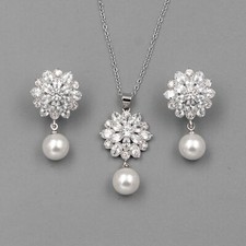 Women Cubic Zirconia Pearl Necklace Pendant Earrings Wedding Jewelry Set 06071