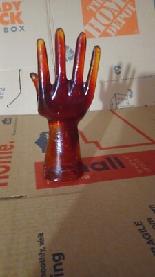 Vintage RED AMBER Glass Hand Ring Holder Display Stand
