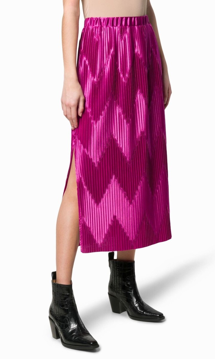 GIVENCHY BW407S3Z1C ZIG ZAG Chevron Pleat Satin Midi Skirt Magenta
