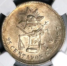 1890-Go NGC MS 62 Mexico 25 Centavos Guanajuato Mint State Silver Coin 25061601C