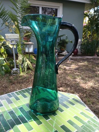 Blenko Glass Sandblast Mark Nile Green Wayne Husted 11.5" Triangle Top Pitcher