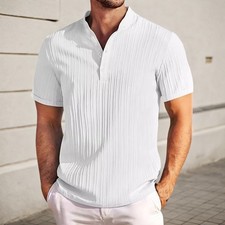 Image of Mens Henley T-Shirt Button Up Grandad Neck Tops Summer Short Sleeve Tee Shirts