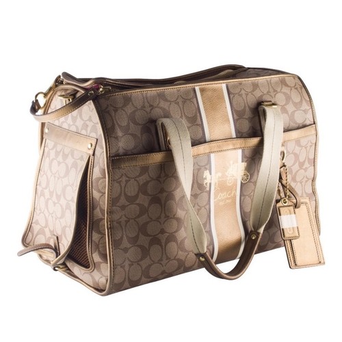 Flawed Gem! Coach Signature Heritage Stripe Pet Carrier Khaki Gold Metallic Bag