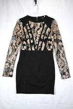 Privy Black Gold Lace Bodycon Dress Womens Medium Long Sleeve Sheer Floral