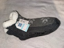 Muk Luks Women's Gray Knit Faux Fur Lined Bootie Slippers Snowflake Fur Trim
