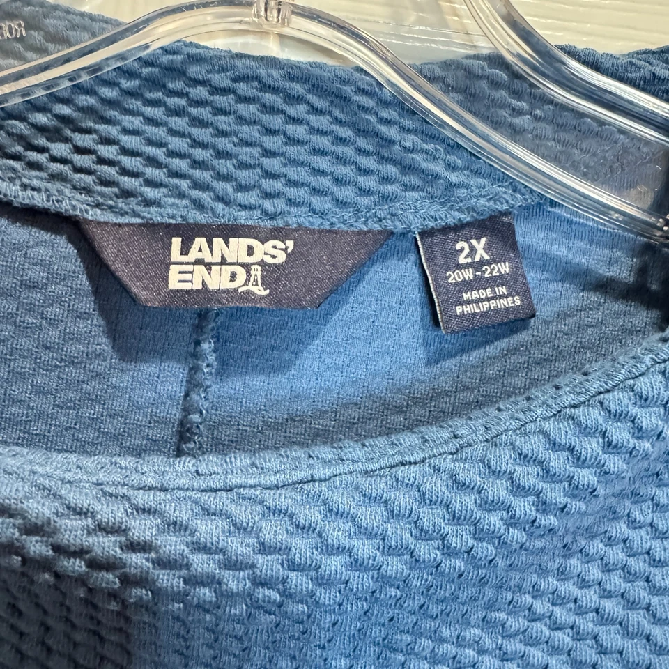 Pullover Lands End para mujer cuello embudo tejido gofre azul mezcla de algodón talla 2X Foto 3 de 4