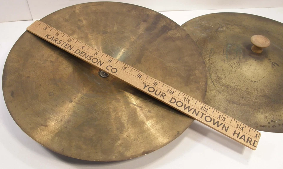 VINTAGE PAIR 12" DIAMETER CRASH CYMBALS W/WOODEN HANDLES - Image 3 of 4