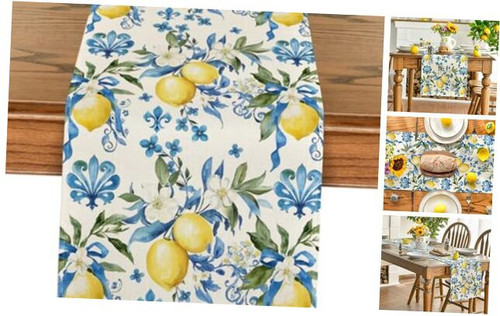 Blue Lemon Iris Summer Table Runner, Seasonal Spring Kitchen Dining Table