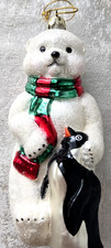 Cubby Bears Blown Glass Polar Bear W/Penguin Christmas Ornament Santa's Best